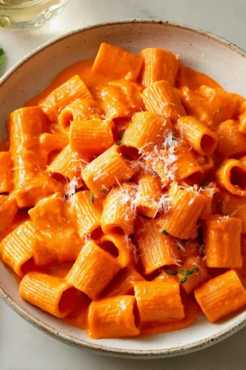 Plate of Gigi Hadid's rigatoni vodka pasta with creamy sauce and herbs.