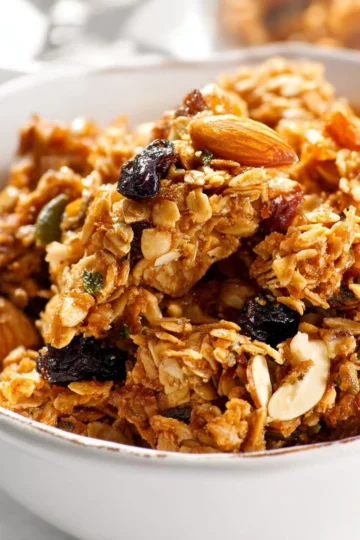 Bowl of gluten free granola topped with fresh fruits and nuts