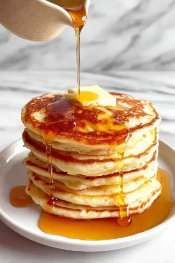 Fluffy Greek Yogurt Pancakes topped with berries and syrup