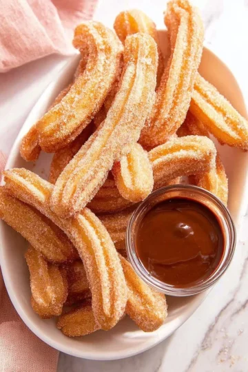 Plate of homemade churros dusted with sugar, ready to be enjoyed.