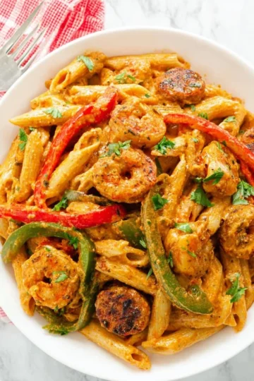 Jamaican Shrimp Rasta Pasta with colorful vegetables and shrimp in a creamy sauce