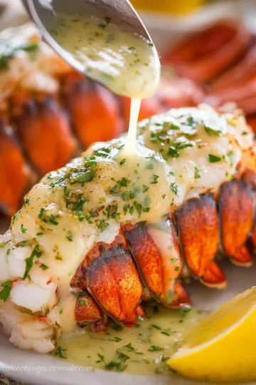 Lobster tail recipe with garlic lemon butter served on a plate