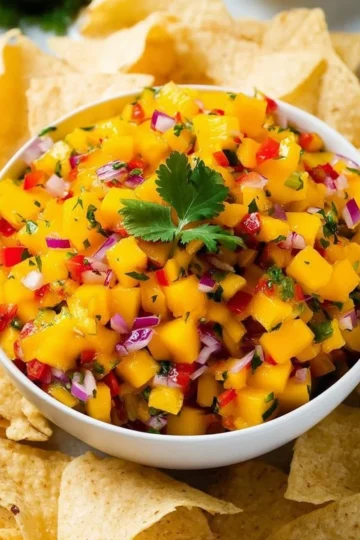 Fresh mango salsa with vibrant colors and herbs in a bowl