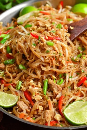 Delicious Pad Thai with shrimp, green onions, and a lime wedge.
