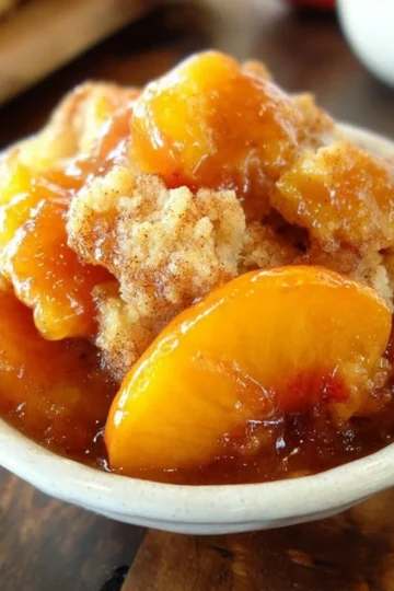 Delicious homemade peach cobbler served warm with fresh peaches and a crumbly topping.