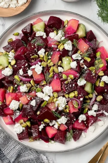Colorful bowl of pickled beet salad with fresh ingredients and herbs