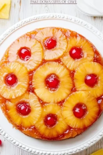 Delicious homemade Pineapple Upside Down Cake garnished with cherries