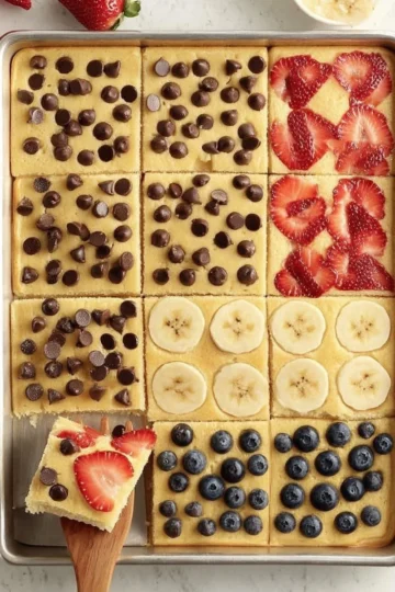 Delicious sheet pan pancakes ready to be served on a breakfast table.