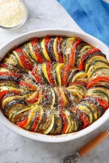 Colorful Ratatouille dish showcasing fresh vegetables and herbs in a beautiful presentation.