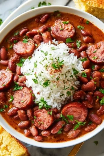 A bowl of red beans and rice garnished with green onions and served with hot sauce
