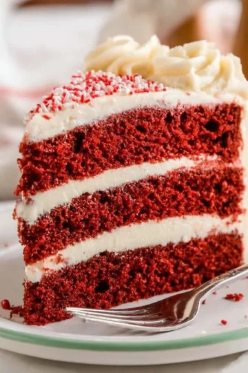 Delicious Red Velvet Cake topped with cream cheese frosting
