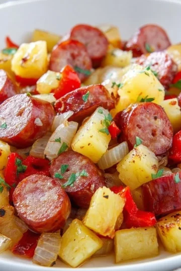 Sausage and potatoes dish served in a bowl with garnishes