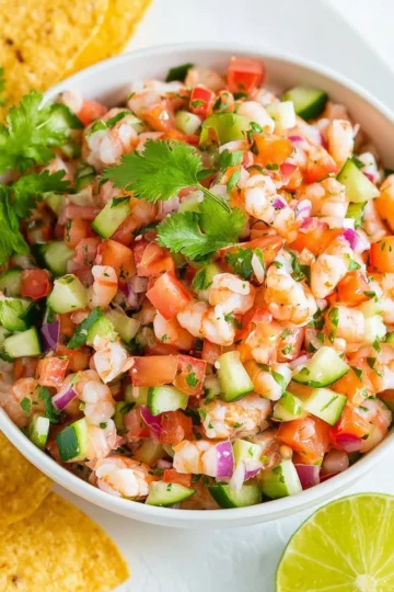 A vibrant bowl of Shrimp Ceviche garnished with fresh herbs and citrus.