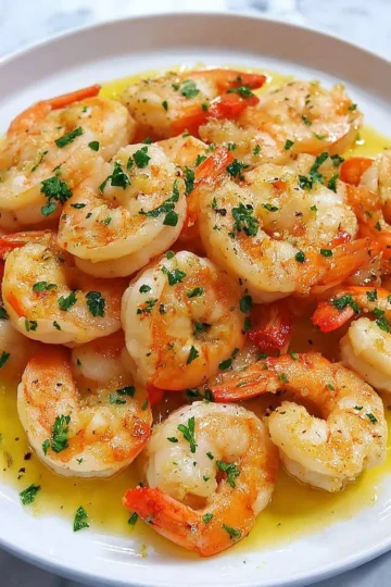 Plate of shrimp scampi with garlic, butter, and parsley served over pasta
