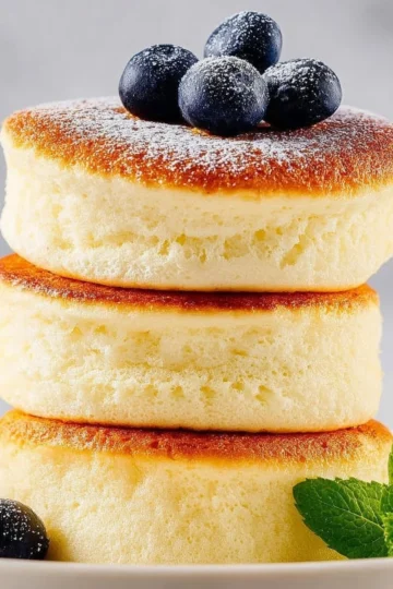 Delicious and fluffy soufflé pancakes served with syrup and fruit