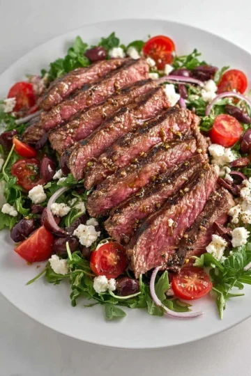 Delicious steak salad topped with fresh veggies and dressing.