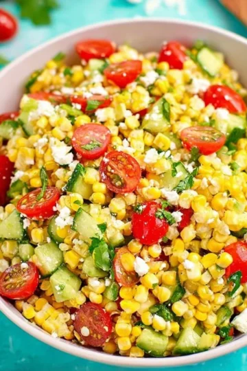 Colorful summer corn salad with fresh veggies and dressing