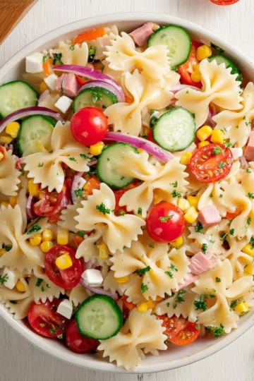 Colorful Summer Pasta Salad with fresh vegetables and dressing