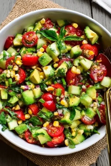Delicious summer salad with corn and avocado in a bowl