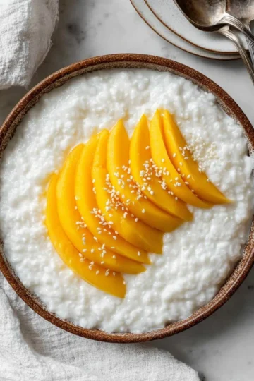 Delicious Thai Mango Sticky Rice served with ripe mango slices and coconut sauce