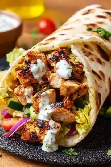 Delicious grilled Chicken Shawarma served with fresh vegetables and sauces.