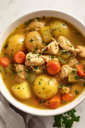 Delicious bowl of Chicken Stew with vegetables and herbs
