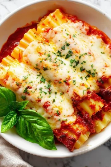 Delicious classic 4-cheese manicotti served with marinara sauce