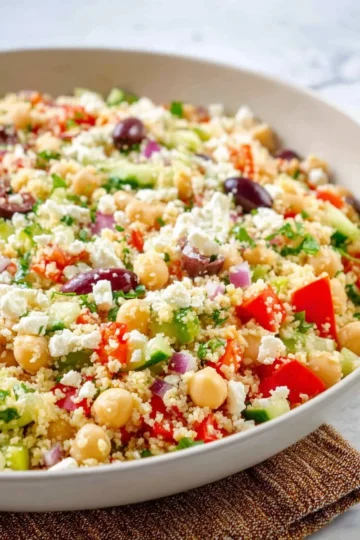 Colorful couscous salad with vegetables and herbs in a bowl
