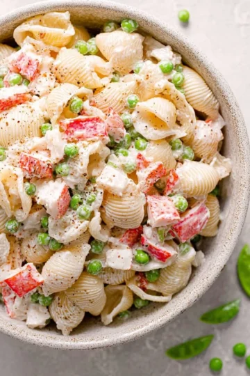 Delicious Crab Pasta Salad with vegetables and pasta served in a bowl.
