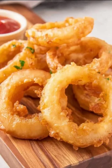Crispy onion rings served with a dipping sauce