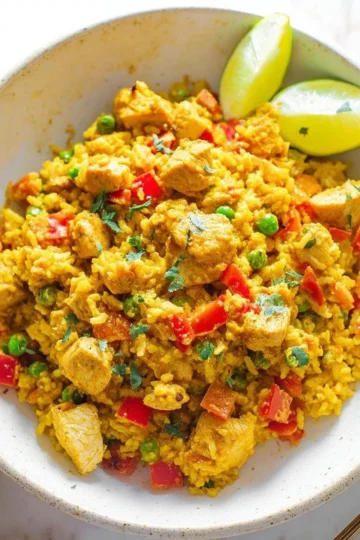 Delicious easy chicken paella garnished with fresh herbs and lemon wedges.