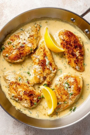 Delicious easy creamy lemon chicken served with a side of vegetables