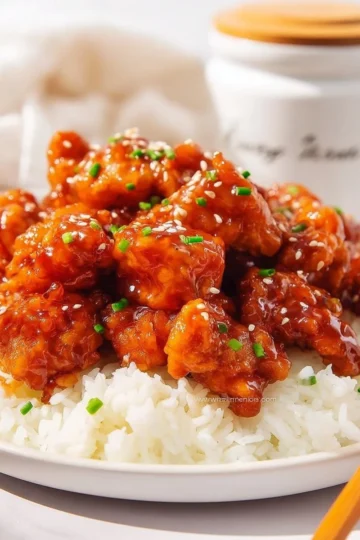Plate of easy sesame chicken garnished with sesame seeds and green onions