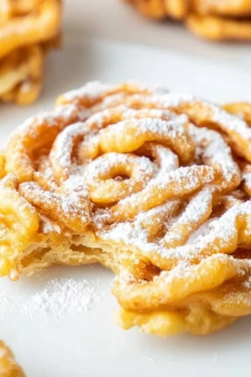 Delicious funnel cake dusted with powdered sugar, a popular fair food.