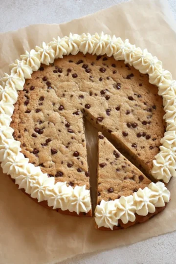 Delicious homemade cookie cake decorated with chocolate chips and frosting