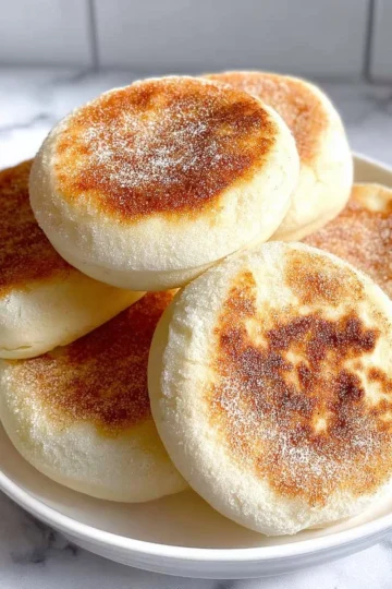 Homemade English muffins baked to perfection, golden brown and fluffy.