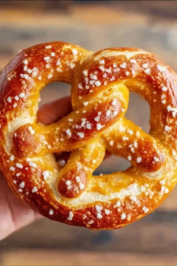 Homemade soft pretzels served with cheese sauce on a wooden board