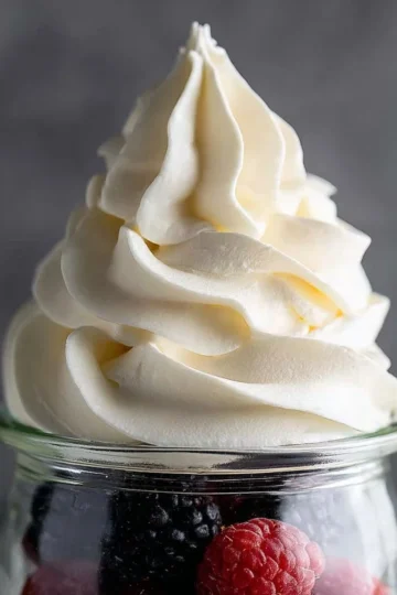 Bowl of fluffy homemade whipped cream topped with a cherry