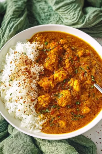 A bowl of flavorful homestyle chicken curry served with rice and garnished.