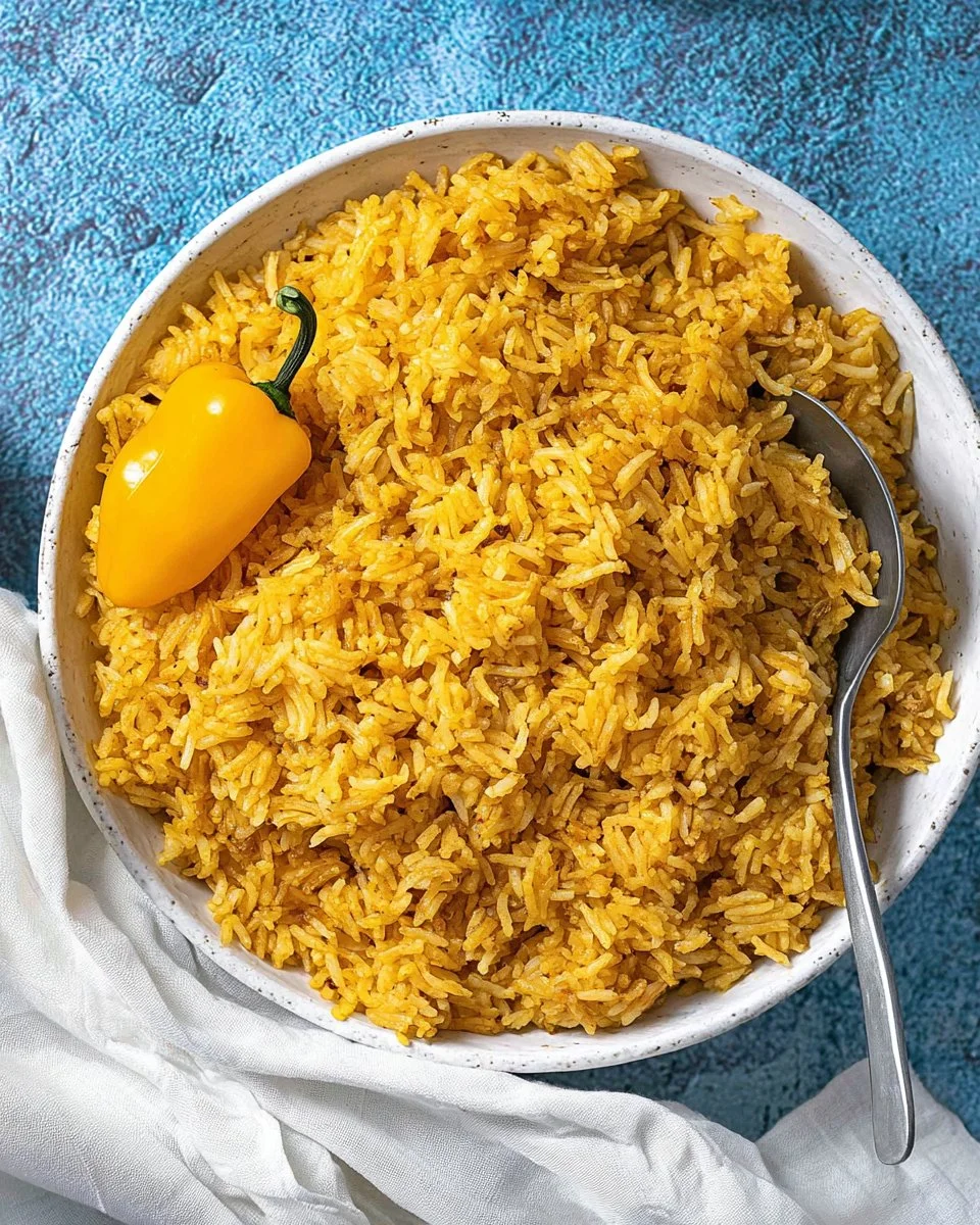 A vibrant plate of Jollof Rice garnished with vegetables and spices
