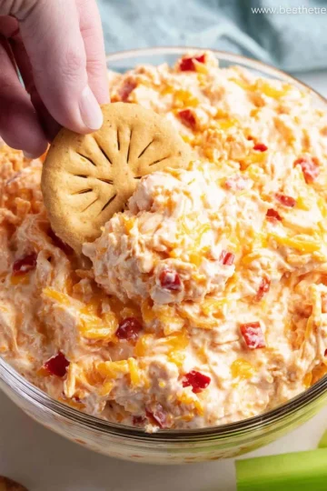 Delicious homemade pimento cheese dip served in a bowl with crackers