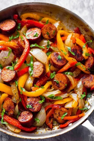Sausage and peppers skillet dish with vibrant bell peppers and sausage