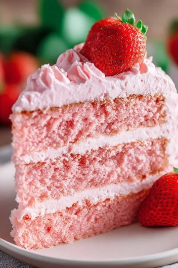 Delicious strawberry cake with strawberry frosting garnished with fresh strawberries.