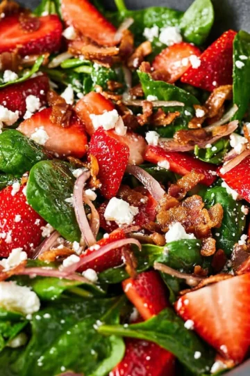 Fresh Strawberry Spinach Salad with sliced strawberries and spinach leaves