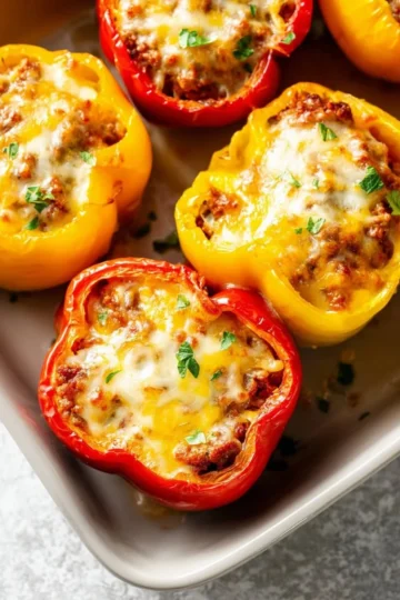 Colorful stuffed bell peppers filled with rice, meat, and vegetables