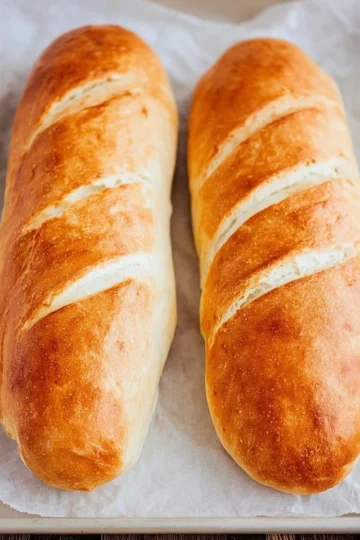 Freshly baked soft French bread loaf with a golden crust and fluffy interior