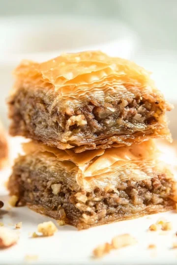 Traditional baklava pastry layered with nuts and honey syrup.