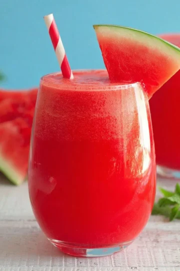 Freshly made watermelon juice in a glass garnished with mint leaves.