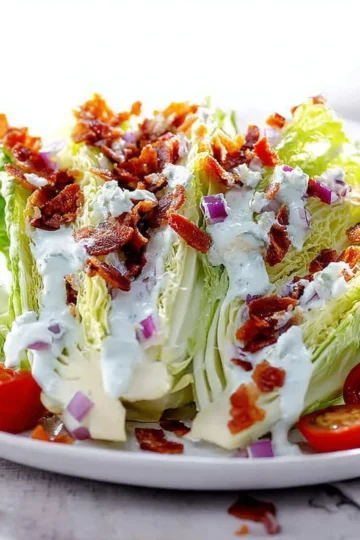 Delicious Wedge Salad with lettuce, blue cheese, bacon, and tomato.