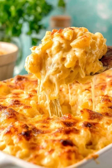Delicious baked macaroni and cheese served in a white dish with a golden crust